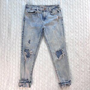 Zara Jeans Women's Sz 6 Premium Wash Denim Trafaluc Boyfriend Distressed TRF